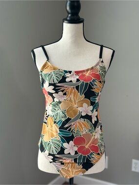 Hurley Black Floral One-Piece Swimsuit with Red and Yellow Blooms